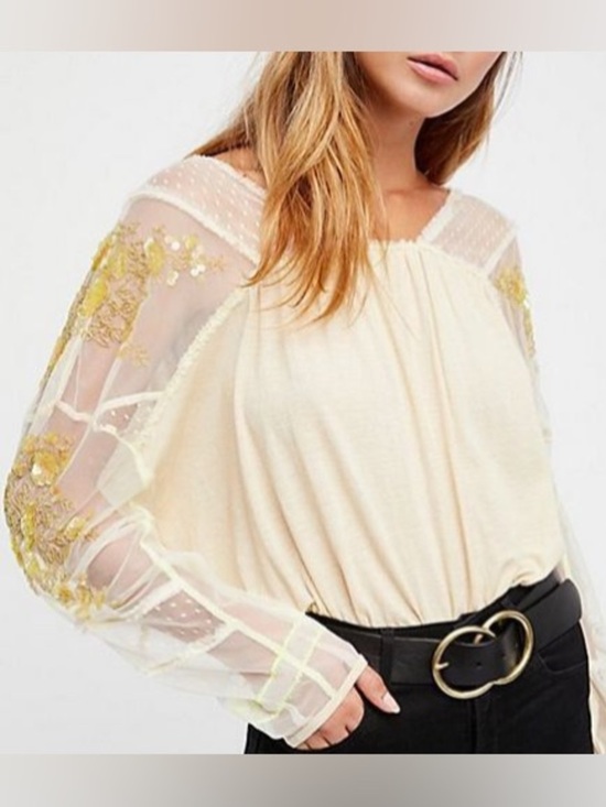 Free People Tops - Free People Cream Sheer Embroidered Sleeve Blouse